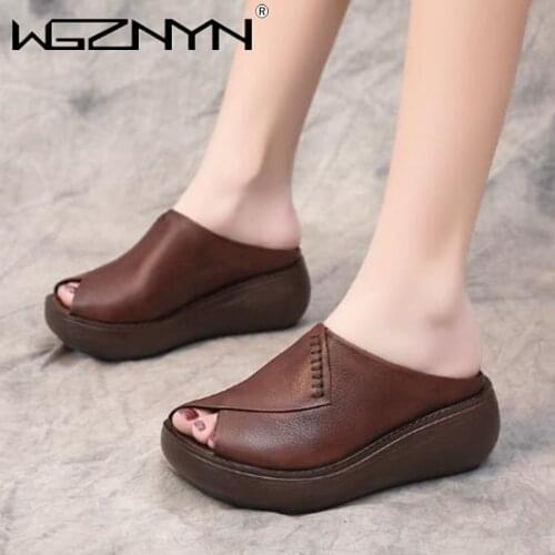 Women Slippers Sandals 2021 New Summer Sandals Women Natural Genuine PU Leather Platform Casual Retro Female Slippers Women