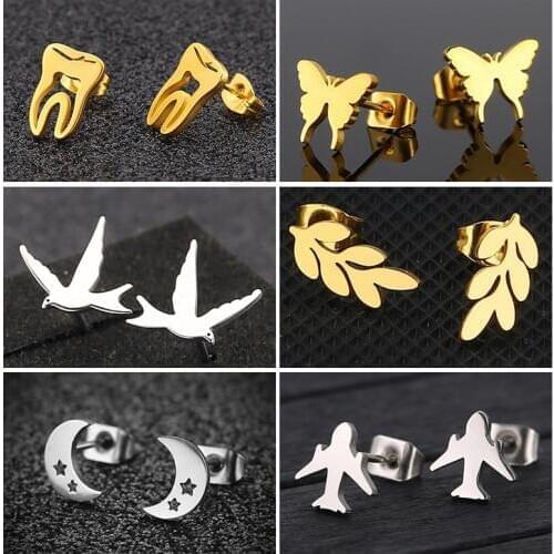 Sasusp Stainless Steel Airplane Tooth Earrings For Men Moon Leaf Bird Butterfly Stud Earings For Women 2019
