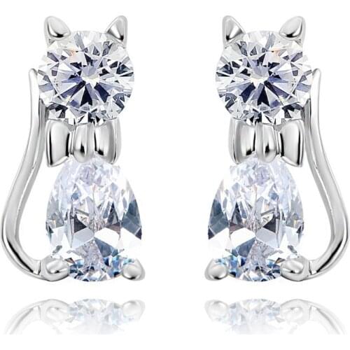 Cute Pure Real 925 Sterling Silver Kitty Cat Paved Cubic Zirconia CZ Stud Earrings Bijoux Women Girls Kids Jewelry Hot Gift