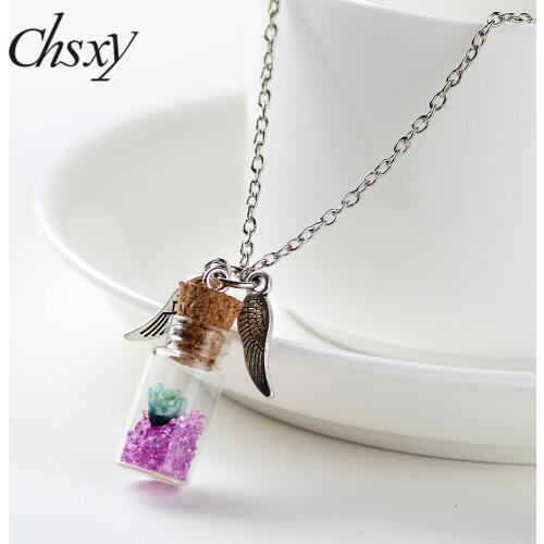 CHSXY Stylish Colors Crystal Dried Flower Drift Bottle Necklace Open Cork Pendant Necklace Forget Me Not Idea Gift Women Jewelry