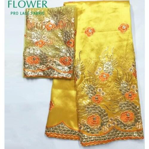 Flower Sequined Embroidered George Fabric With 2 Yards Net Lace Gold Line Guipure George Wedding Laces For Indian Women Dresses