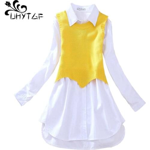 UHYTGF Long Sleeve White Shirt Dress Women Autumn Winter Two-Piece Sets Female Fashion Sleeveless Knit Vest Tops Suit Skirt 1530