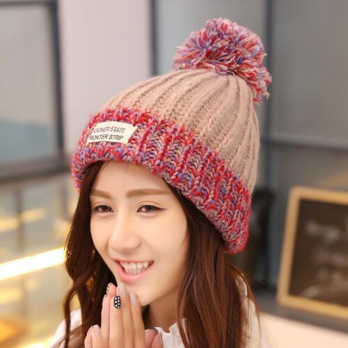 Woman Fashion Winter Leisure Color Blocking Knitting Hats with top ball