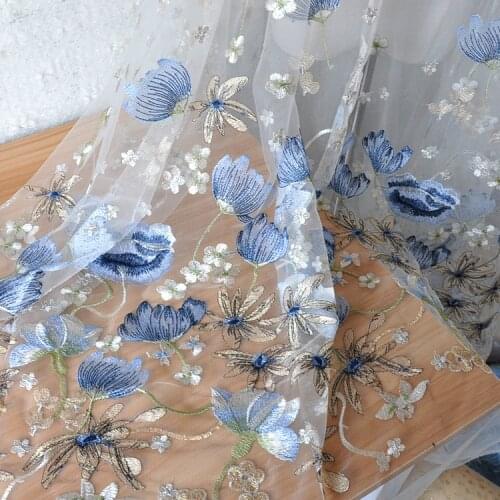 White And Blue Color Mesh Embroidery Lace Fabric Gold Thread Embroidery Mesh Fabric For Wedding Dress Veil Curtain Decoration