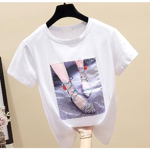 Korea White T Shirt Women Clothes O-Neck Summer Short Sleeve Appliques Vintage Beading TShirt Tops Casual Black Tee Shirt Femme