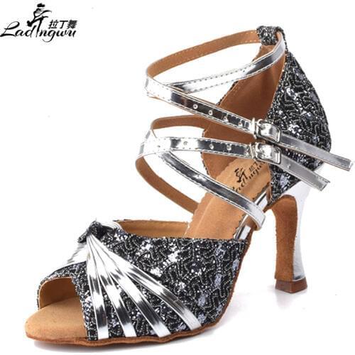 Ladingwu Lace Flash and Silver PU Womens High Heels Shoes Ballroom Party Tango Salsa Latin Dance Shoes Heel 6/7.5/8.3cm