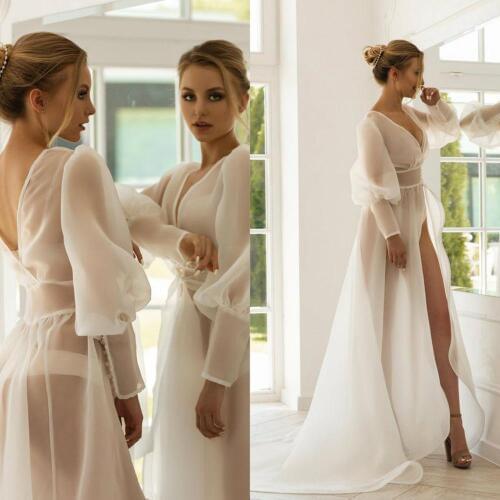 Ivory Long Sleeve Bridal Bathrobe Women See Through Sexy Night Robe Sleepwear V Neck Nightgown Robes Homedress