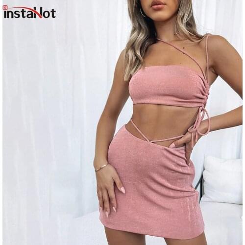 InstaHot Hollow Out Backless Bandage Women Two Piece Skirt Set Casual Sleeveless Vintage Outfit 2021 Summer Female 2 Piece Set