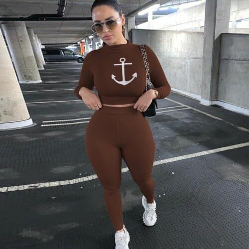 2021 Autumn Winter Women Sport Fitness Two Piece Set Outfits Long Sleeve Printed Tops Leggings Pants Suit Bodycon Tracksuit