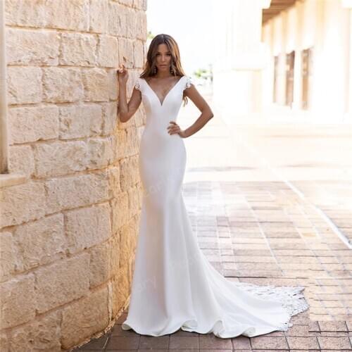 Cap Sleeve Satin Mermaid Wedding Dresses Double V Neck Bridal Gowns Lace Applique Sweep Train Wedding Dresses Vestido De Novia