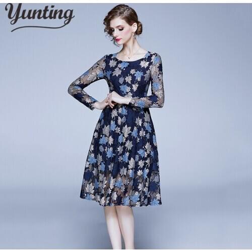 New Flower Lace Womens Dress Hollow Out O-neck A-line Dresses OL Elegant Work Wear Casual Business Vestidos