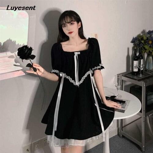 Women Black Gothic Square Collar Empire Dress 2021 Summer Lace Patchwork Bow Contrast Color Streetwear Dark Loliata Mini Dresses