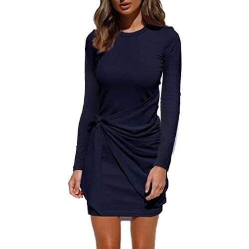 Women casual long sleeve o-neck ruched mini bodycon dress with bow sashes Femme solid robe fall clothes White pink green black