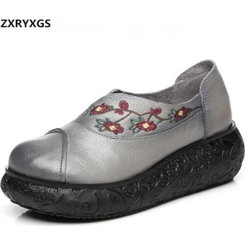 ZXRYXGS Brand Shoes Women Fashion Shoes Classic Embroidered Genuine Leather Women High Heel Shoes Platform Wedges Wedding Shoes