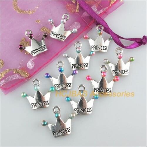10Pcs Tibetan Silver Tone Princess Crown Mixed Acrylic Charms Pendants 16.5x19mm