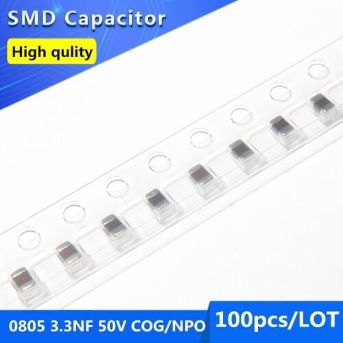 100pcs SMD Thick Film Chip Multilayer Ceramic Capacitor 0805 3.3NF 3300pF 50V COG/NPO 5