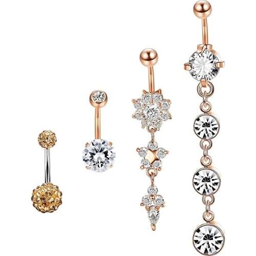4 Pcs Stainless Steel Dangle Belly Button Rings Navel for Women Curved Barbell Piercing 14G CZ Piercing Set