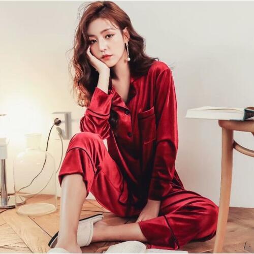 Velvet Pajamas Set Women Sexy Pyjama Long Sleeve Shirt Pants Big Size Homewear Pure Color Button Sleepwear 2Piece/Set
