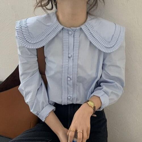 Korean Fashion Peter Pan Color Blouses Women Fall Long Sleeve Shirts Single Breasted Solid Autumn Tops 2021 New Ropa Mujer