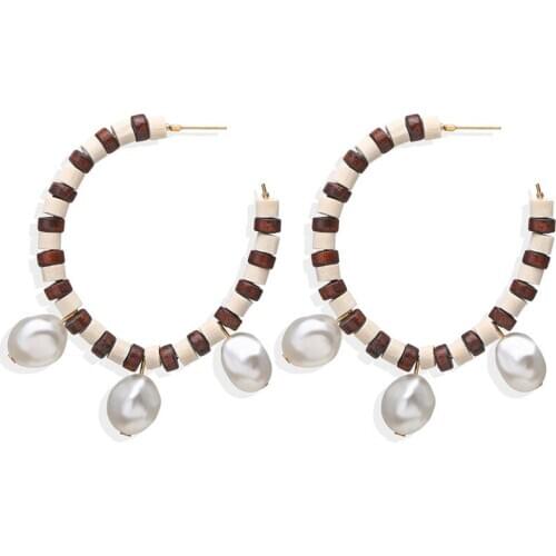 Bohemian Pearl Wooden Beads Hoop Earrings for Women Fashion Handmade Beaded Geometric Big Hoops Statement Earrings Jewelry