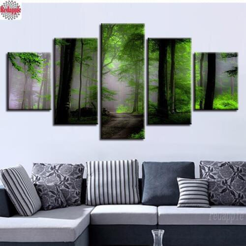 Diamond Embroidery tree full 3d Diamond Painting 5 pcs Green Forest Path Natural Landscape Cross Stitch Mosaic Rhinestone Decor