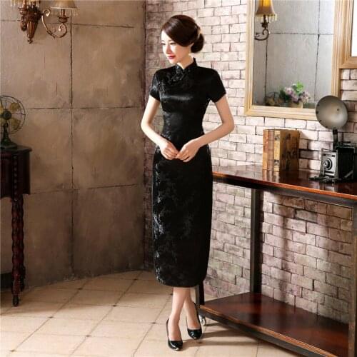 Chinese Tradition Women Qiapo Long Sexy Cheongsam Short Sleeve Qipao Classic Oversize 4xl 5xl 6xl Vestidos Black Evening Gowns