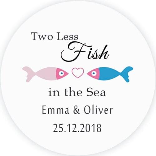 DouxArt 100 Pieces Custom Personalized, Two Less Fish Wedding Favors Stickers, 40mm Wedding Decoration Party Invite Labels P149