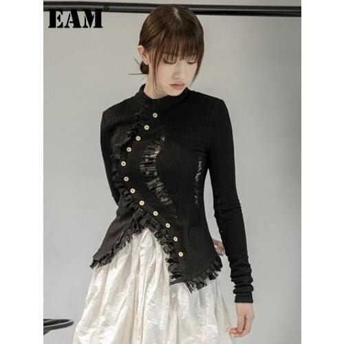 [EAM] Knitting Cardigan Asymmetrical Lace Hollow Out Sweater O-Neck Long Sleeve Women New Fashion Spring Autumn 2021 1DD6028