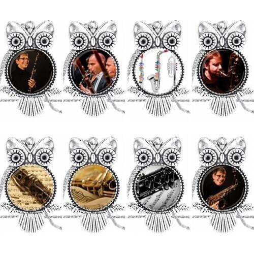 EJ Glaze For Women Clarinet And Music Glass Cabochon Choker Pendant Owl Necklace Bronze Color Jewelry