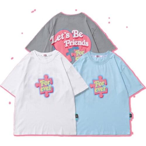 Lovely Heart Summer Men t-shirt Fashion Style Print Short Jigsaw Design Ins Feeling T-shirts Young Mens Clothing Top Tees