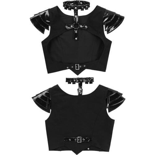Fashion T Shirt Women Tops Halter Neck Patent Leather Layered Short Sleeve Cutout Waistcoat Adjustable Buckle Front Cropped Vest