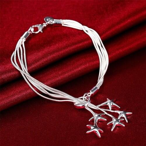 Delicate 925 Sliver Fashion Jewelry Five-Starfish Snake Chain Bracelet For Women Girls Wedding Trendy Gift