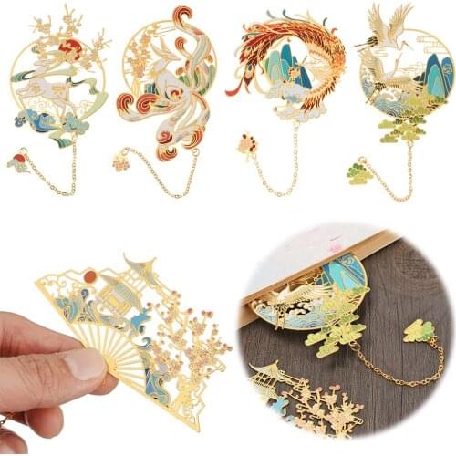 Chinese Style Brass Bookmark Tasseled Pendant Retro Hollow Design Pagination Mark Metal Book Clip Stationery School Office Suppl