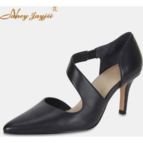 Summer Black Pointed Toe Sandals Woman High Stilettos Soft Leather For Ladies Shoes Elastic Band Beautyfeet Fashion Mature Party