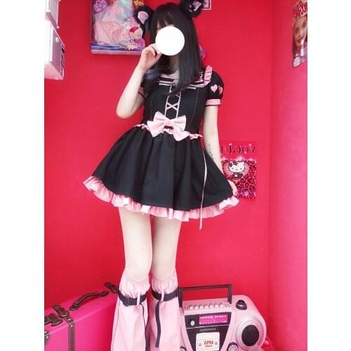 New Summer Harajuku Sexy Black Bow Dress Hot Girl Fashion Temperament Sweet Short Sleeves Princess Dress