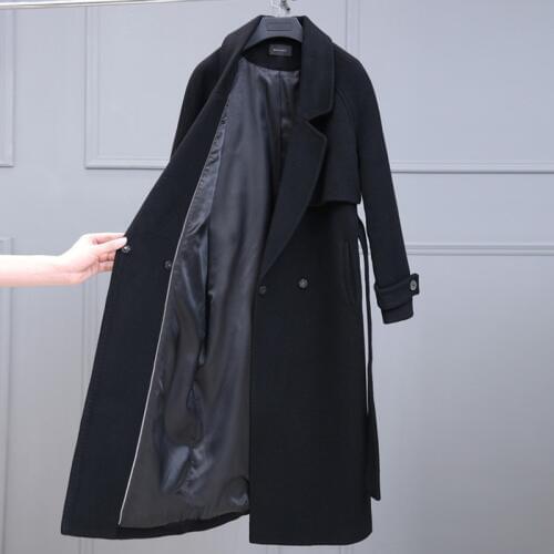 2020 Autumn Winter Black Woolen Coat Womens Clothing Fashion Women Jacket Loose Belt Long Overcoat Female Casual Wool Coat V892