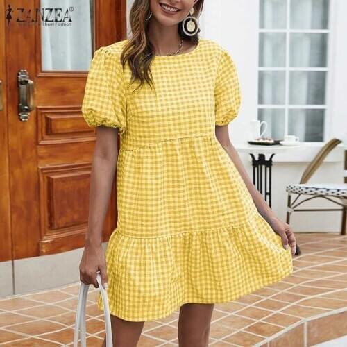 ZANZEA Women Fashion Plaid Checked Mini Dress Casual Loose Summer Dress Short Sleeve Ruffles Party Sundress Sexy Beach Vestido