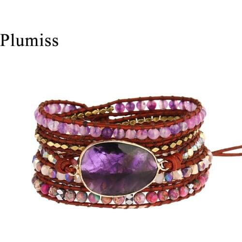 Plumiss Natural Stone Wrap Bracelet Woman 5Times Strand Amethysts Hematite Crystal Bohemian Bracelets Femme Jewelry Dropshipping