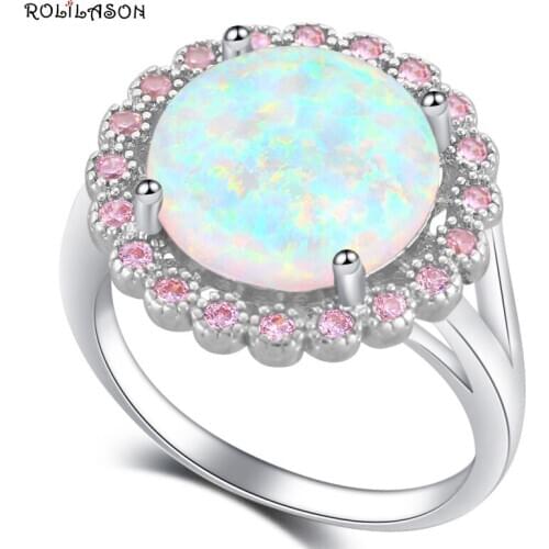 ROLILASON Huge Round Design White Fire Opal Silver Stamped Beautiful Pink Zircon Fashion Jewelry Ring USA size #6#7#8#9#10 OR864