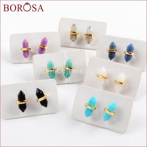 BOROSA 5Pairs Gold Color Multi-kind Natural Stone Faceted Point Stud Earrings Jewelry, Agates Druzy labradorite Earrings ZG0348