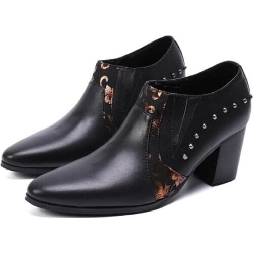 Spring Autumn Men Ankle Boots Studded Genuine Leather Pointed Toe 7 CM High Heels Casual Dress Shoes Men Increasing Men Oxford