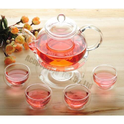 600ml Glass teapot with infuser/filter+ 4/6 Double-wall Glass Cups + Warmer+candle,tea set for herbal/flower/black/puer tea