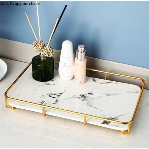 Bathroom European Style Cosmetic Storage Rack Marbling Ceramics Rack Desktop Metal Sector Corner Tray Rectangular Organize Tray