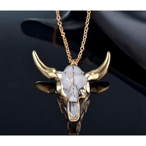 Vintage Bull Skull MenS Pendant Necklace Wrapped Gem Buffalo Cattle American Western National Style Denim Jewelry