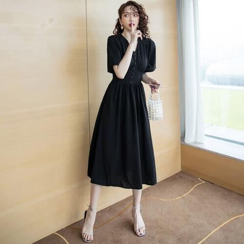 COIGARSAM Vintage Women one-piece dress korean Summer High Waist V-Neck Dresses Black 8161