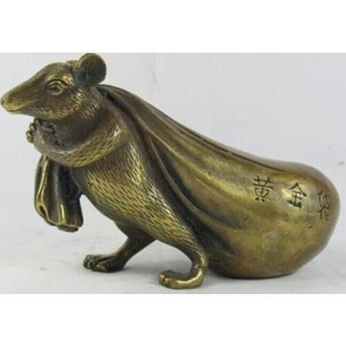 Oriental Vintage Bronze Signed statue brass copper fortune Lucky statue mouse
