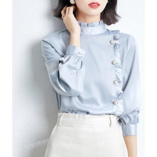 Spring Autumn Women Chiffon Shirts Korean Style Elegant Long Sleeve Fungus Blouses Stand-Up Collar Mujer Blusas Tops MM0946