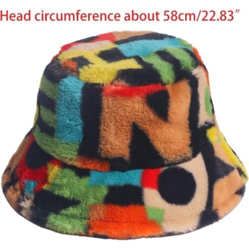 Women Winter Thicken Fuzzy Plush Bucket Hat Colorful Letters Print Fisherman Cap F3MF
