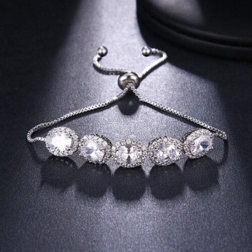 Ekopdee New Fashion Oval Zircon Bracelet For Women Dainty Silver Color Crystal Adjustable Chain Bracelet Bridal Wedding Jewelry