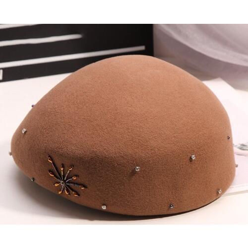 H785 Women Simple Beret Hat Fall Winter Rhinestone Wool Felt Cap Student Girl Korean British Retro Elegant Shopping Party Hats